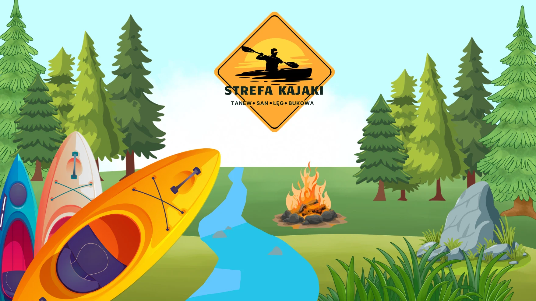 Strefa Kajaki – baner z logiem firmy Strefa Kajaki oraz grafika z rzeką i kajakami