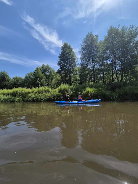 Niebieski kajak na tle rzeki, w oddali brzeg z drzewami